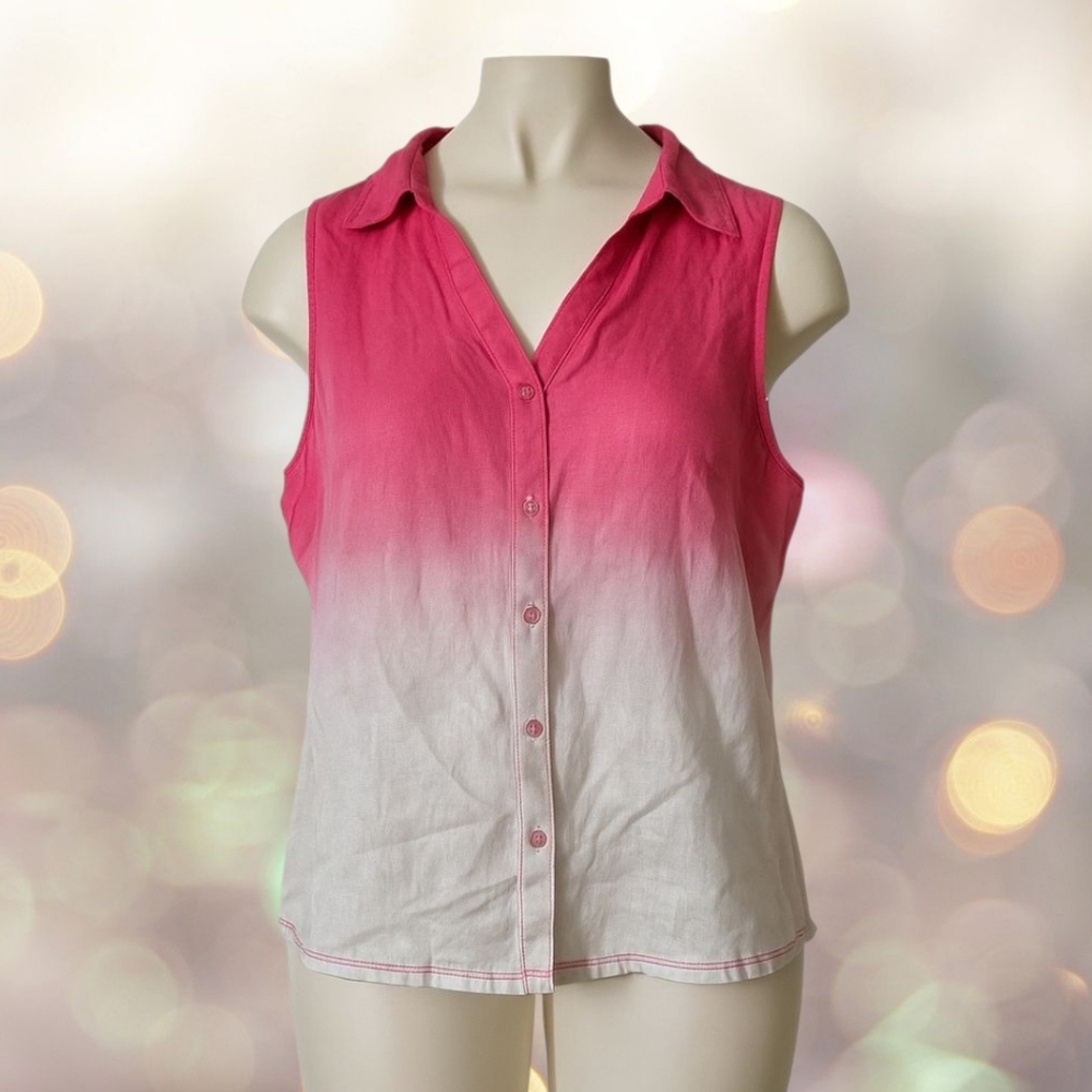 Coral Bay Sleeveless Button Down Shirt Pink & White Ombre Tank Size L